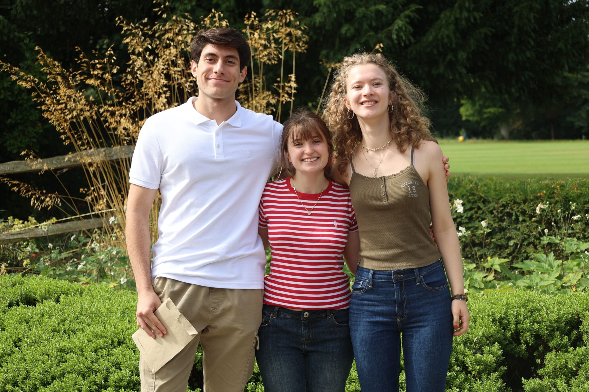 three Leighton Park students on 2024 a level results day